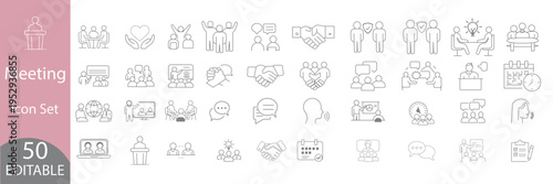 corporate meeting icon set. Symbols for meeting, seminar, online conference, schedule, teamwork, and office presentation in flat blue style.