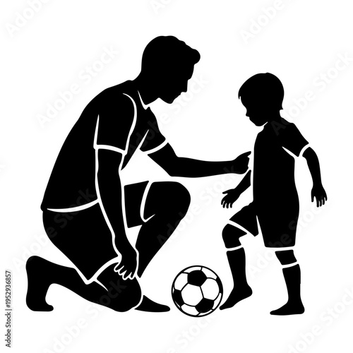 Father coaching young son playing football together black vector silhouette, soccer player silhouette, soccer, football, coach, father, son, child, parent, boy, man, training, playing, sports