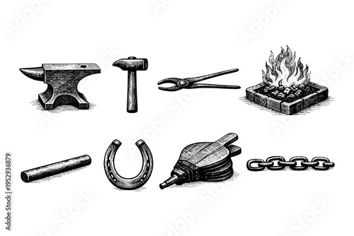 Vintage blacksmith tools and equipment illustration with anvil, hammer, tongs, and horseshoe