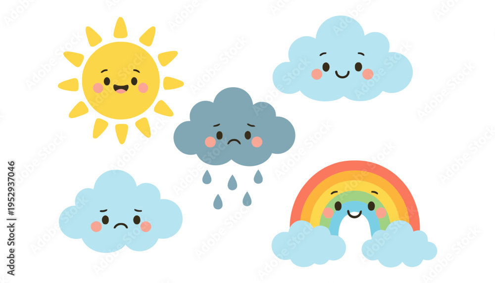 Obraz premium Weather icon set with smiling sun and various cloud types