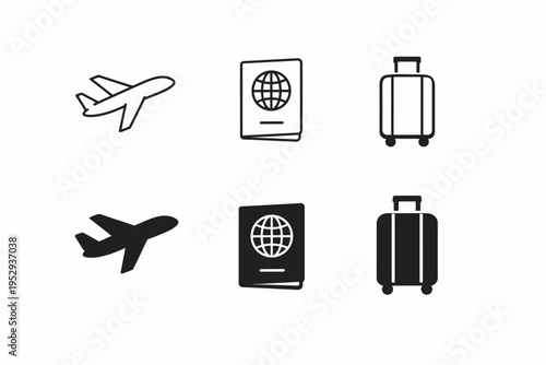 Travel icons featuring airplane, passport, and suitcase symbols