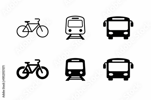 Icon set of bicycle, train, and bus for transportation design projects