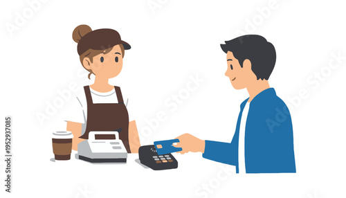 A woman accepts a credit card payment from a customer at a cafe