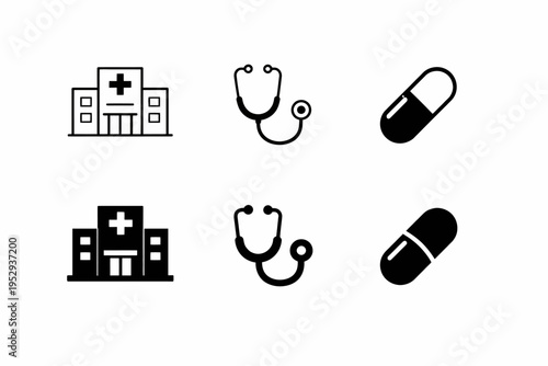 Medical icons set featuring hospital, stethoscope, and pills in black and white design