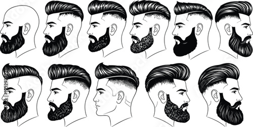 Men hairstyles and beard styles collection, modern barber fashion concept, male grooming variations illustration, haircut design set, black vector faces isolated on white background