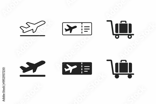 Airplane departure icons with ticket and luggage cart set in black and white
