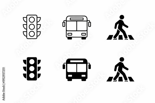 Traffic light signals, bus, pedestrian crossing icons in black and white