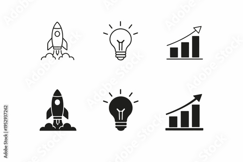 Rocket icons and growth graph with light bulb on white background