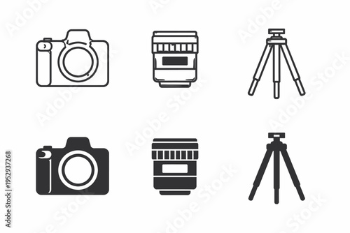 Illustrated camera equipment: lens, body, tripod set in black and white