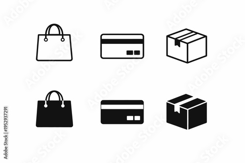 Black and white icons of shopping bag, credit card, and box