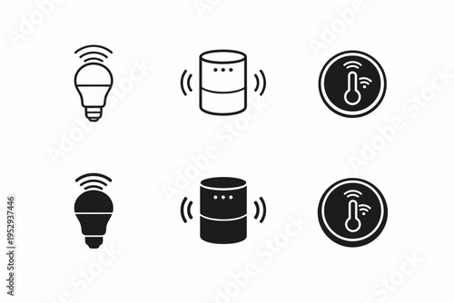 Smart home device icons: light bulb, smart speaker, thermostat symbols
