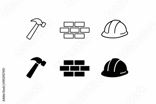 Construction icons: hammer, bricks, and hard hat in black and white designs