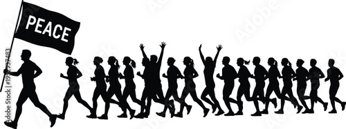 People silhouettes marching with peace flag, protest demonstration concept, social activism and unity illustration, crowd movement for freedom, black vector figures isolated on white background
