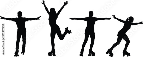 Roller skating silhouettes of people in motion, active lifestyle and recreation concept, dynamic poses illustration, skating performance figures, black vector isolated on white background