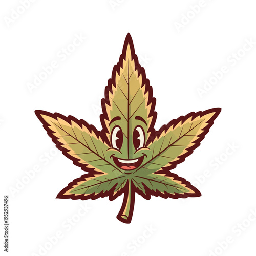 A cheerful cartoon illustration of a cannabis leaf with a happy smiling face and friendly expression.