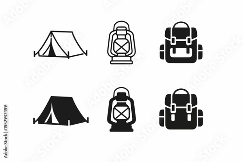 Camping icons set: tents, lanterns, backpacks in minimalist black and white design