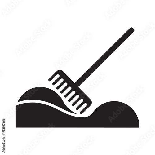 Simple black icon depicting a garden rake resting on soil