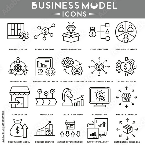 Business model icon set with strategy, revenue, growth, and planning symbols, modern vector design,