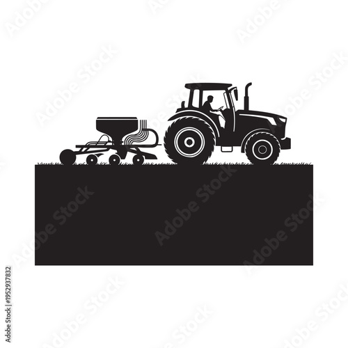 Black and white illustration of a tractor with a seed drill attachment