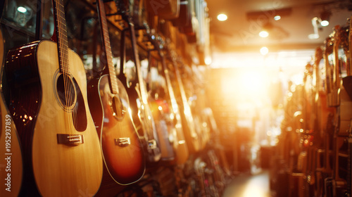 Acoustic guitars hanging in a music store, natural light illuminating rows of instruments and musical dreams
