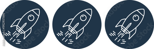 Rocket Launch Icon Set with Space Shuttle Takeoff Line Illustration Representing Startup Growth Innovation Technology Exploration Concept in Minimal Circular Design