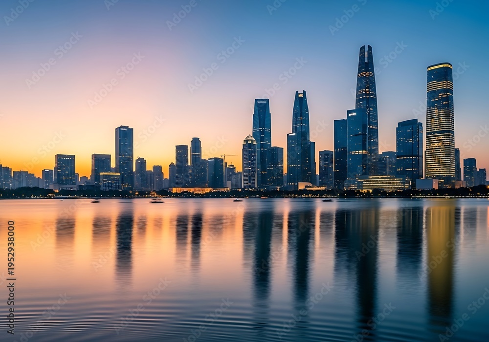 Fototapeta premium City skyline at sunset with reflection in water