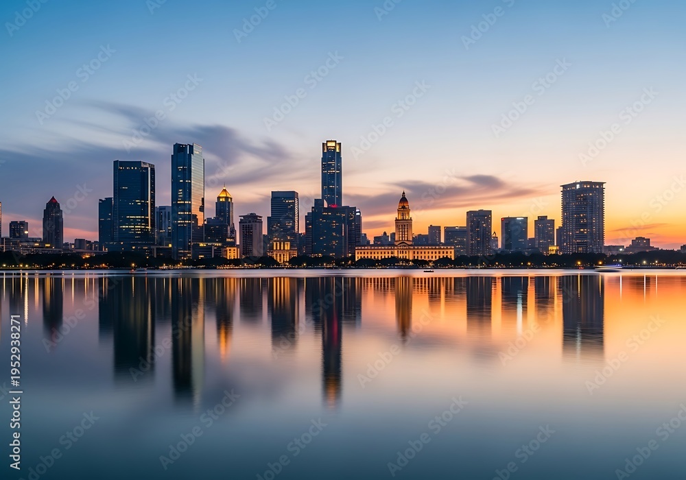 Obraz premium City skyline at sunset with reflection on water