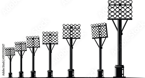 Hand drawn sketch of stadium light poles, sports lighting system, architectural design, engineering illustration, outdoor illumination, vintage technical drawing