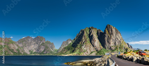 Red house on the coast of the Lofoten Islands near Hamnøy in Norway