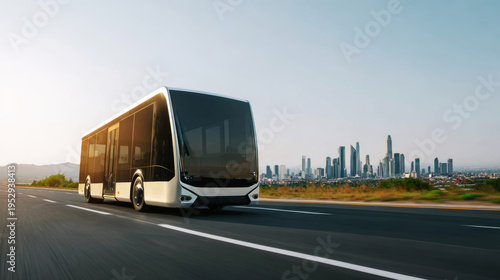 Modern electric autonomous bus concept driving on a highway with a blurry city skyline in the background