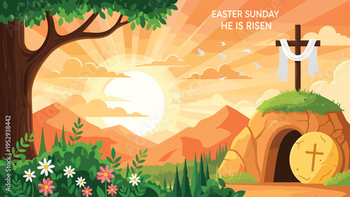 An easter scene depicting the empty tomb a cross and a radiant sunrise