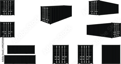 Shipping container silhouettes, black vector icons, front side top views, cargo box set, logistics transport, industrial freight, export import