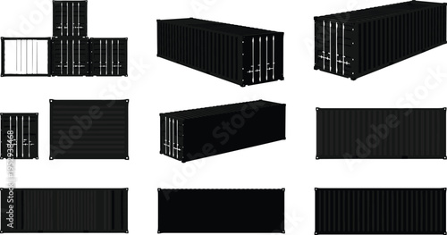 Shipping container silhouettes, black vector icons, stacked cargo views, logistics transport, side front angle, freight box set, industrial design
