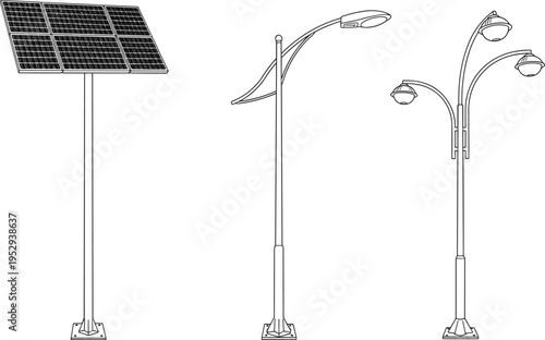 Silhouette sketch of solar panel pole, modern streetlight, multi-head lamp post, urban infrastructure, public lighting, vintage illustration