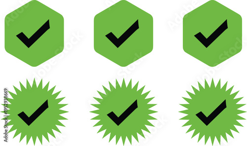 Green Check Mark Badge Icon Set with Hexagon and Starburst Shapes Representing Approval Verification Quality Guarantee Certification Symbol Flat Vector Illustration