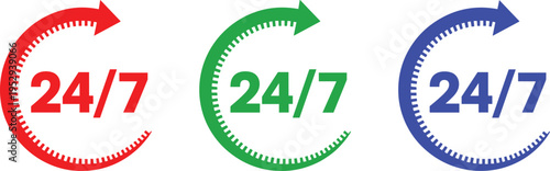 24 7 Service Icon Set with Circular Arrow Clock Symbols Representing Nonstop Availability Customer Support Continuous Operation Concept Flat Vector Illustration