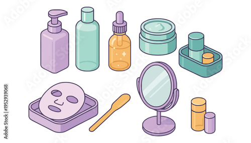 A set of colorful skincare products and makeup tools illustration