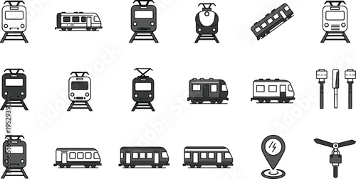 Train icons, railway transport, locomotive vector, tram front view, rail infrastructure, signal symbol, electric pin, black gray illustration set