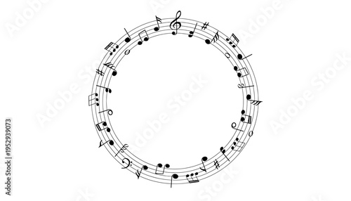 A musical note circle formed with black notes on a white background