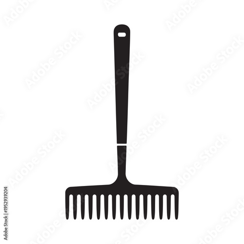 Simple black silhouette of a garden rake with a long handle