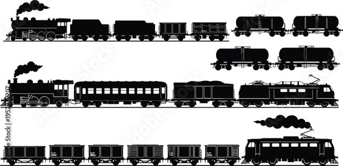 Train silhouette clipart, steam locomotive icons, electric railcar shapes, freight car vector set, black transport graphics, railway illustration bundle