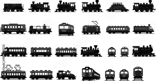 Train silhouette collection, steam diesel electric, black vector icons, railway transport evolution, locomotive styles, passenger engine set, vintage modern rail