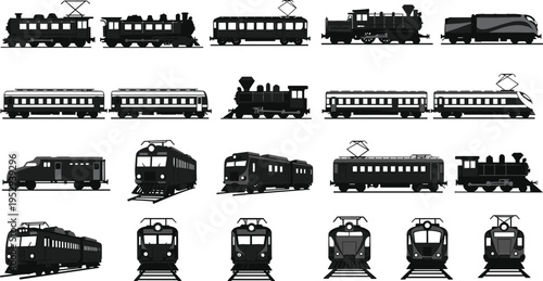 Train silhouette set, steam electric modern, passenger locomotive icons, black vector transport, railway evolution, high-speed rail, vintage engine collection