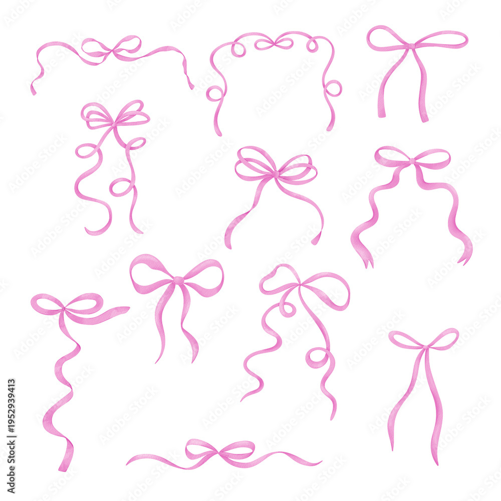Fototapeta premium Watercolor pink bows set, ribbon silk, illustration for design and print.