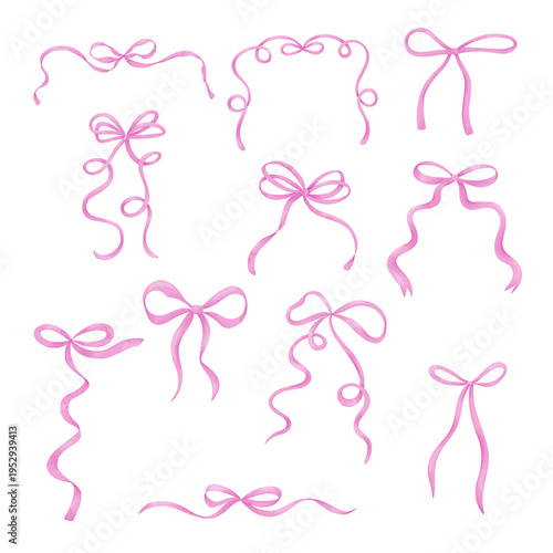 Watercolor pink bows set, ribbon silk, illustration for design and print.