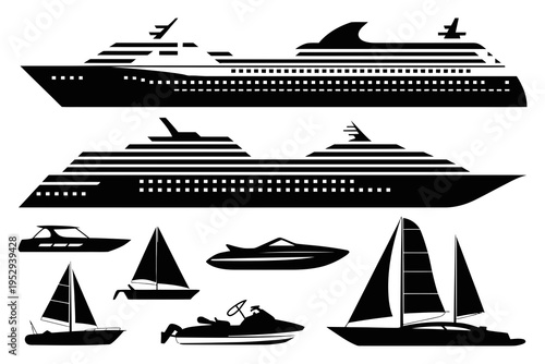 Cruise Ships and Boats Silhouette Vector Illustration