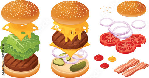 Classic Cheeseburger Vector Set with Burger Ingredients, Sesame Bun, Beef Patty, Cheese, Lettuce, Tomato, Onion, Pickles, and Bacon Fast Food Illustration
