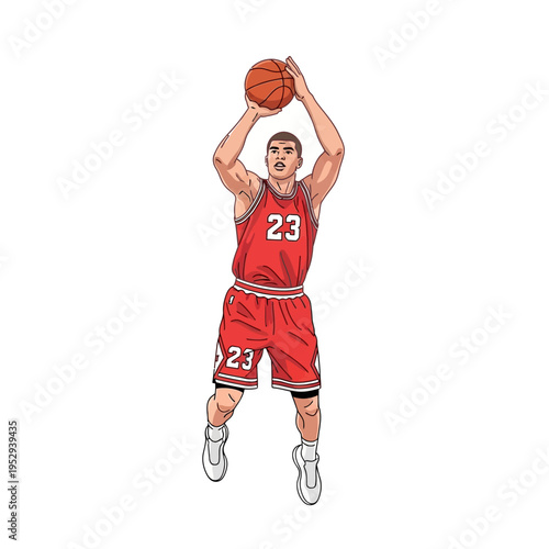 Basketball player in red jersey taking a jump shot.