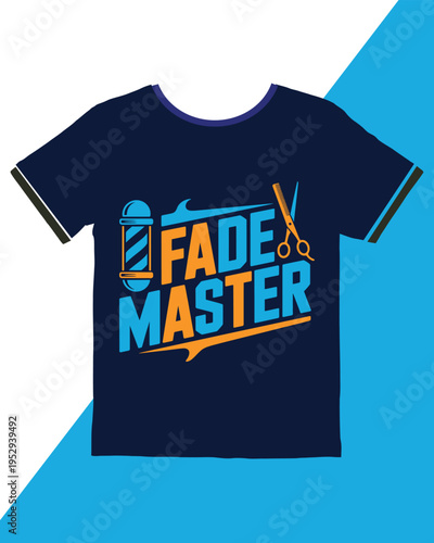 Graphic design tshirt with barber pole scissors and text fade master for barbershop professionals