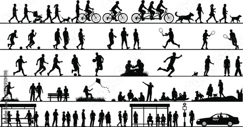Urban park silhouettes, public activity icons, walking cycling sports, social interaction, black vector people, everyday motion, stroller dog bench scene